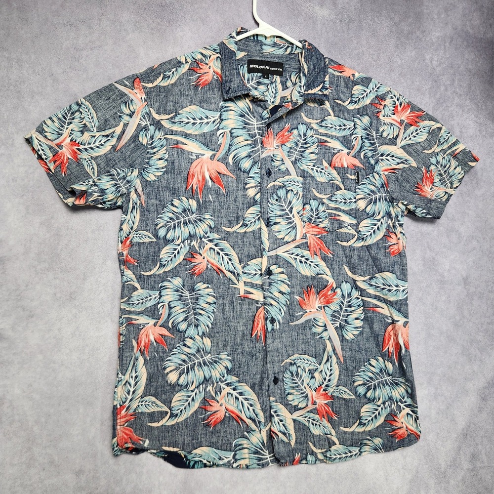 Molokai Surf Mens Floral Hawaiian Button Up Shirt Short Sleeve L Reverse Fabric‎